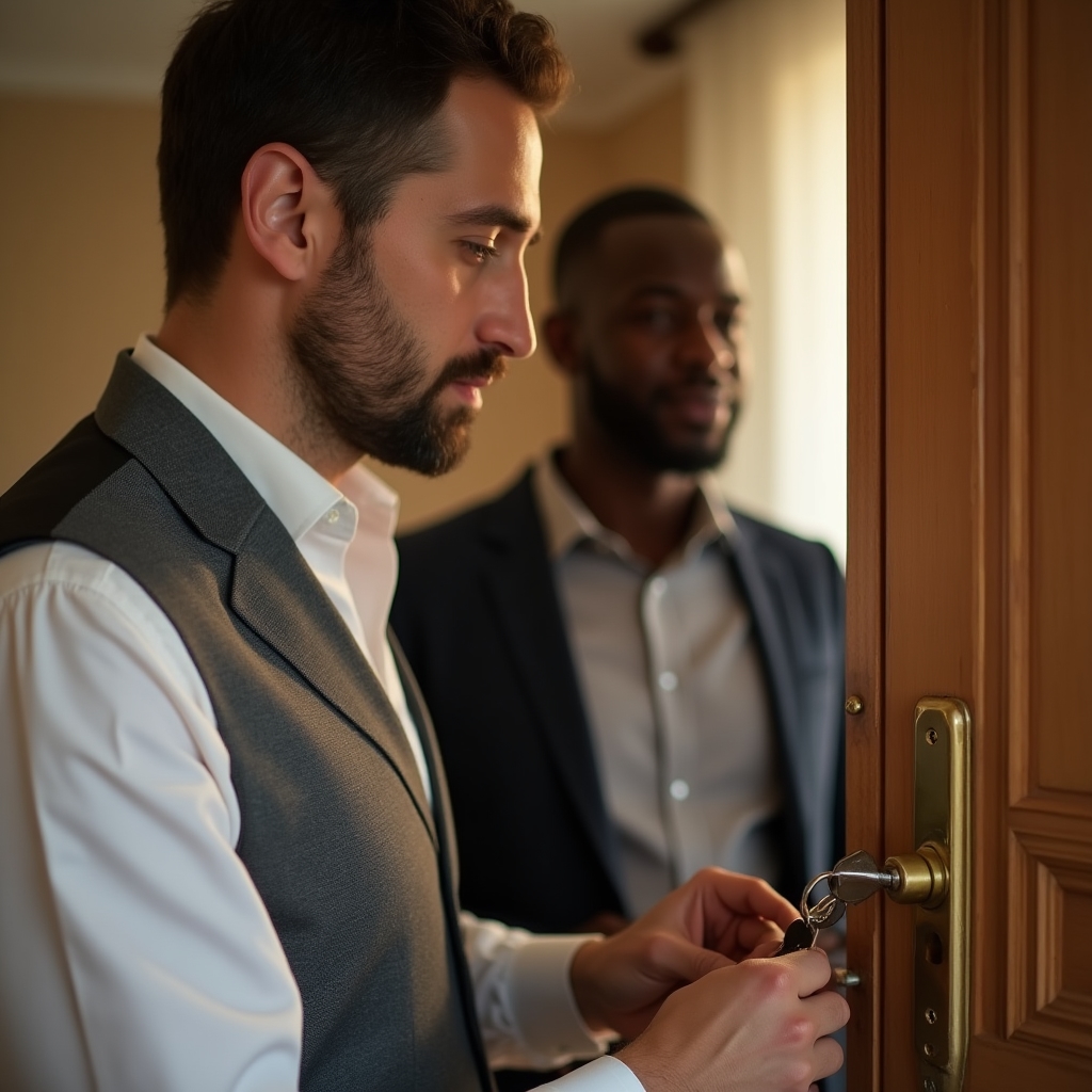 Locksmith rekeying an apartment door lock for a new expat tenant in Bucharest