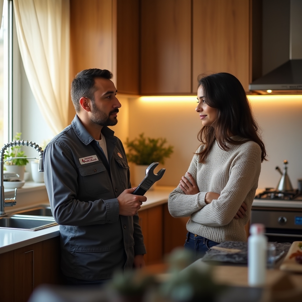 Plumber discussing a kitchen pipe repair in English with an expat homeowner in Bucharest
